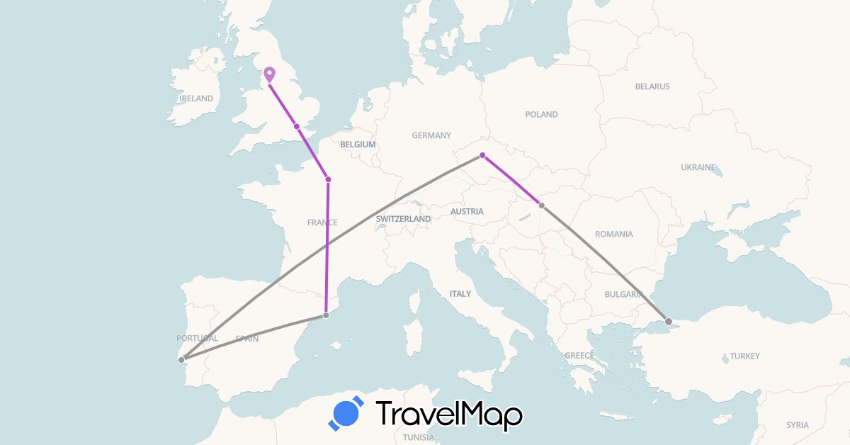 TravelMap itinerary: driving, plane, train in Czech Republic, Spain, France, United Kingdom, Hungary, Portugal, Turkey (Asia, Europe)
