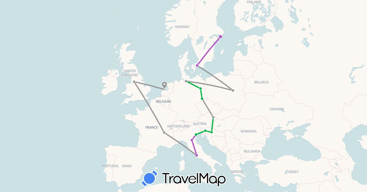 TravelMap itinerary: driving, bus, plane, train in Austria, Germany, Denmark, France, United Kingdom, Croatia, Italy, Netherlands, Poland, Sweden, Slovenia (Europe)