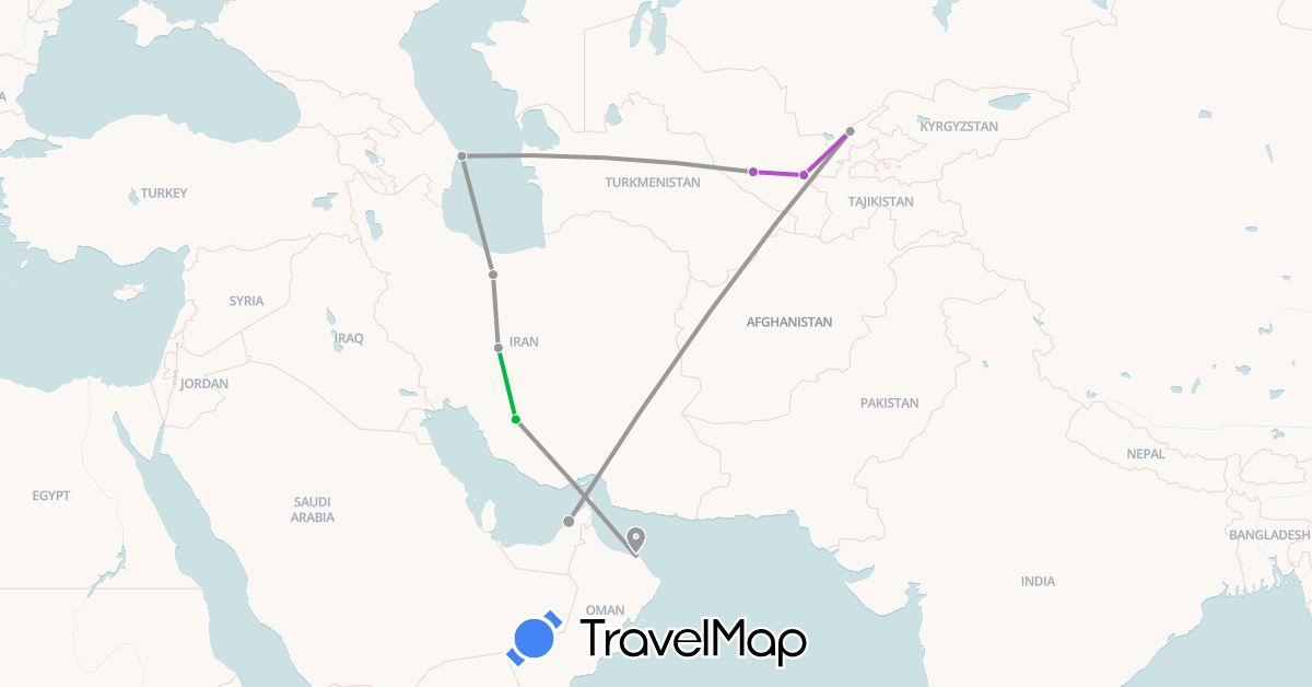 TravelMap itinerary: driving, bus, plane, train in United Arab Emirates, Azerbaijan, Iran, Oman, Uzbekistan (Asia)