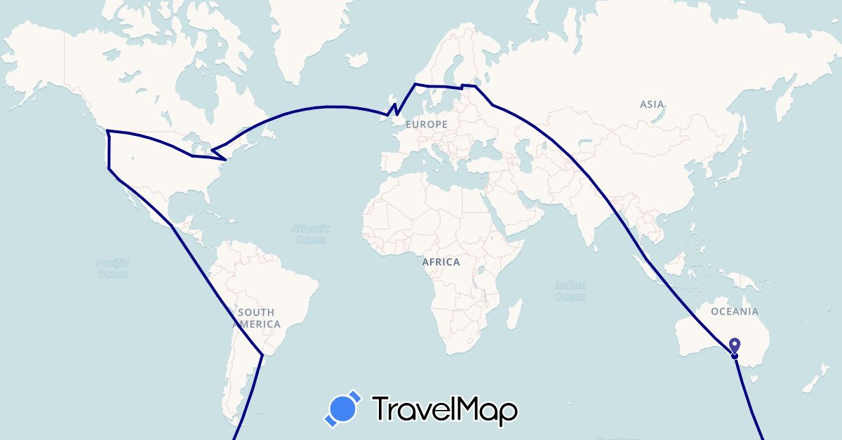 TravelMap itinerary: driving in Argentina, Australia, Canada, Estonia, Finland, United Kingdom, Ireland, Mexico, Malaysia, Norway, Peru, Russia, United States (Asia, Europe, North America, Oceania, South America)